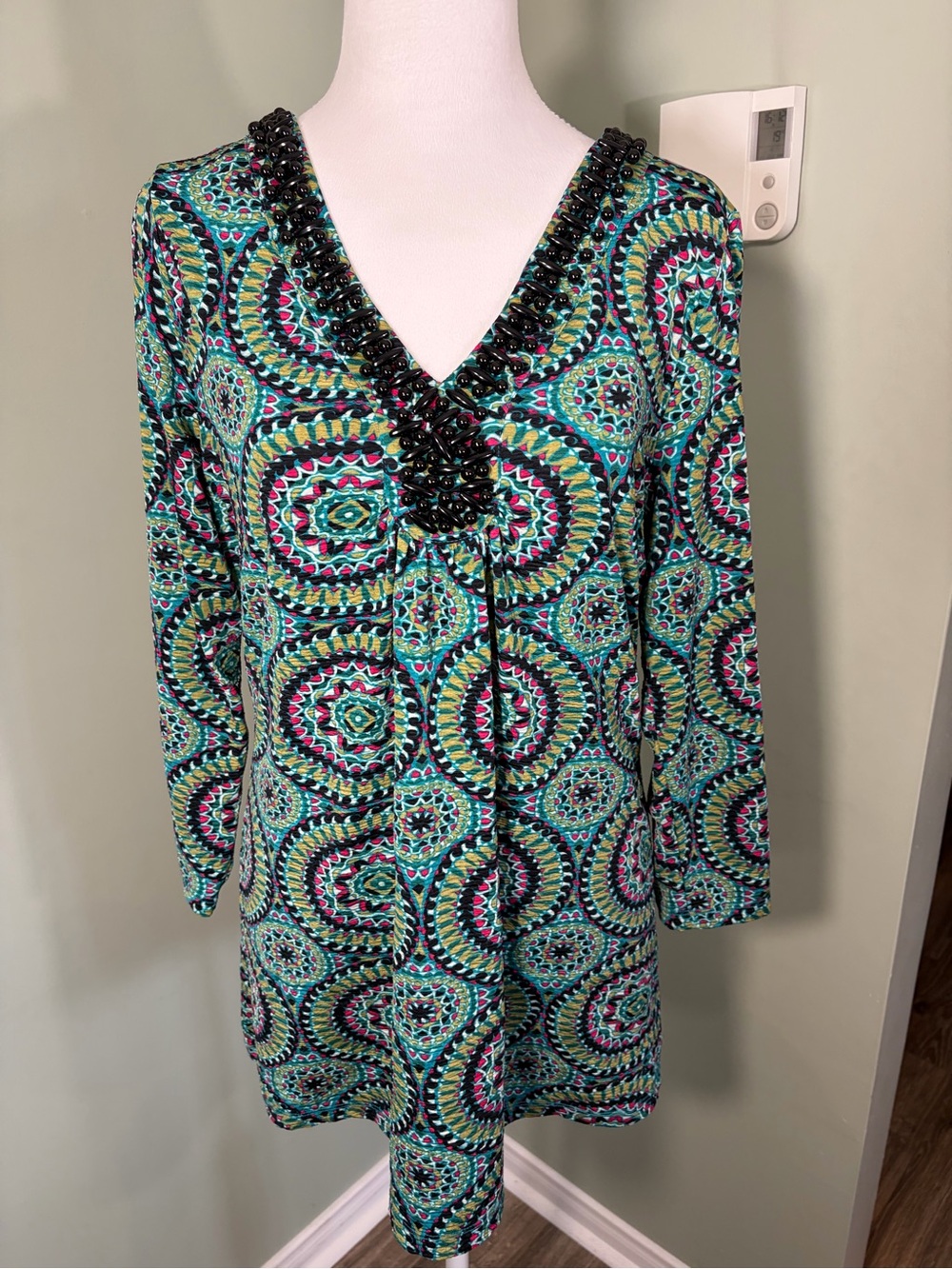 321. Rafaella Beaded V-Neck Tunic in Teal & Black Mosaic